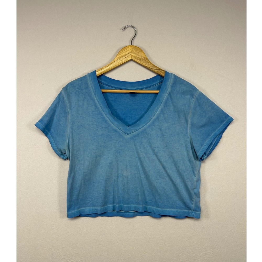 Acid Wash Boho Wild Fable Womens Medium Blue V-Neck Short Sleeve Crop Top Tee